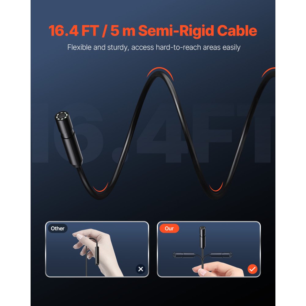 VEVOR Endoscope Camera with Light, 1920P HD Borescope for Android & IOS, 8 LED Lights Inspection Camera with 16.4FT Semi-Rigid Cable, 2X Zoom, IP67 Waterproof Snake Scope Camera for Auto, Plumbing