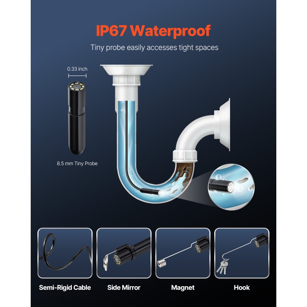 VEVOR Endoscope Camera with Light, 1920P HD Borescope for Android & IOS, 8 LED Lights Inspection Camera with 16.4FT Semi-Rigid Cable, 2X Zoom, IP67 Waterproof Snake Scope Camera for Auto, Plumbing