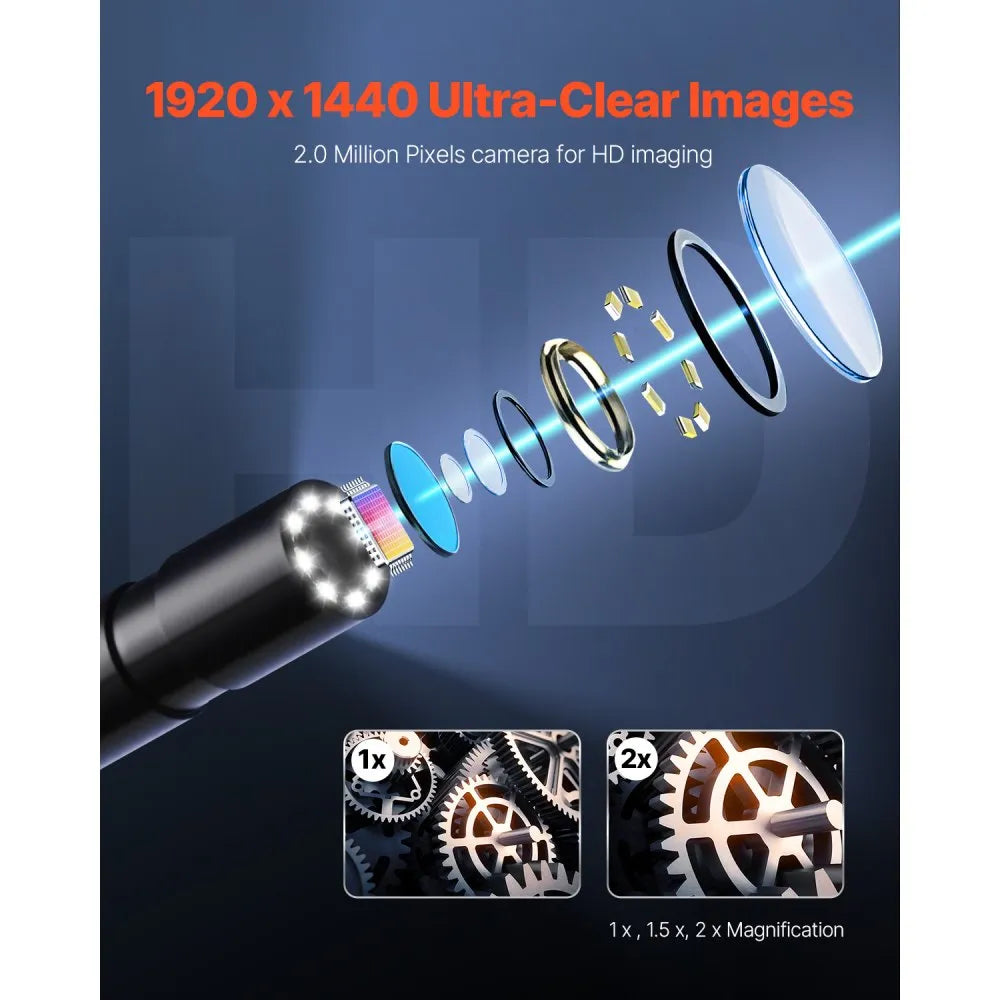 VEVOR Endoscope Camera with Light, 1920P HD Borescope for Android & IOS, 8 LED Lights Inspection Camera with 10FT Semi-Rigid Cable, 2X Zoom, IP67 Waterproof Snake Scope Camera for Auto, Plumbing