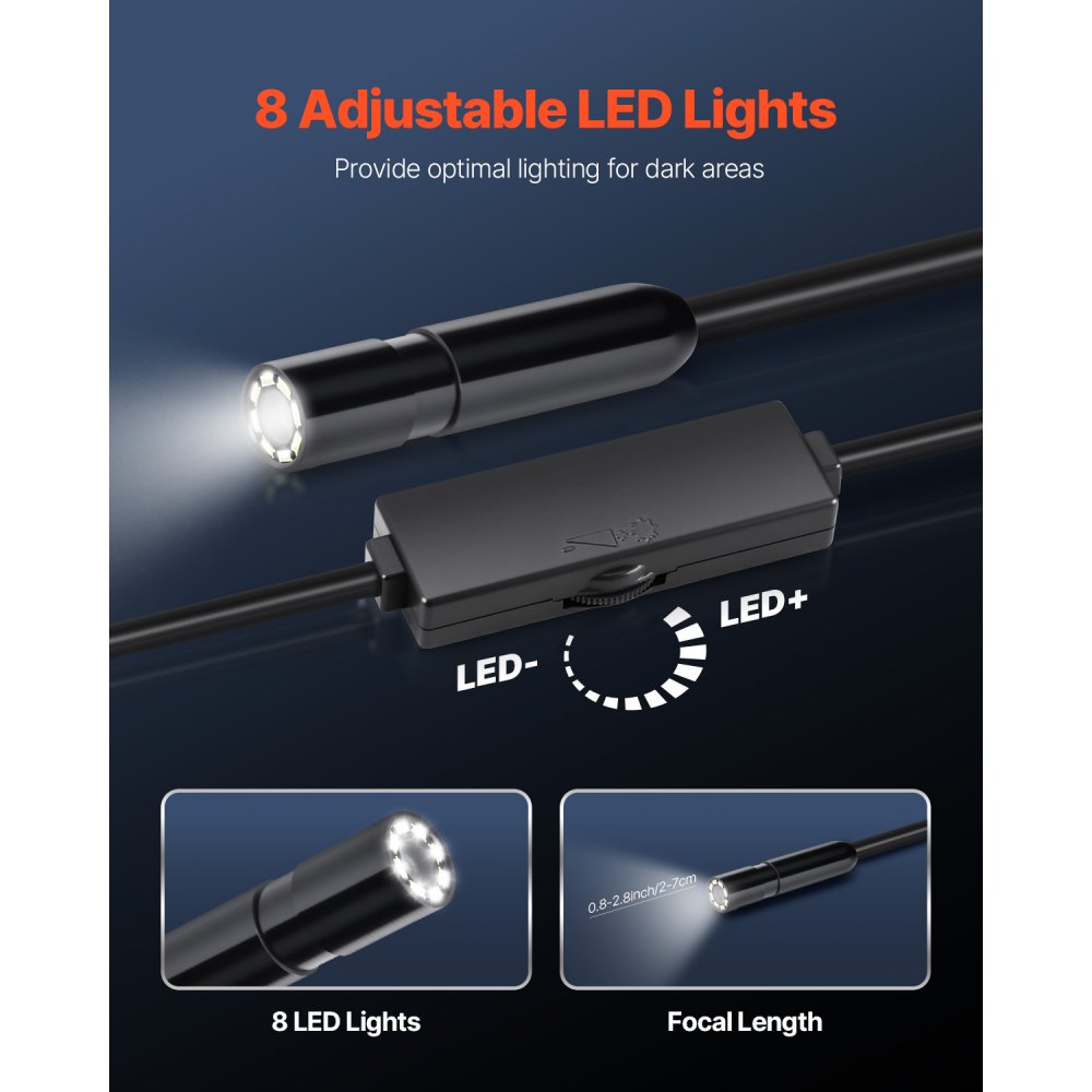 VEVOR Endoscope Camera with Light, 1920P HD Borescope for Android & IOS, 8 LED Lights Inspection Camera with 10FT Semi-Rigid Cable, 2X Zoom, IP67 Waterproof Snake Scope Camera for Auto, Plumbing