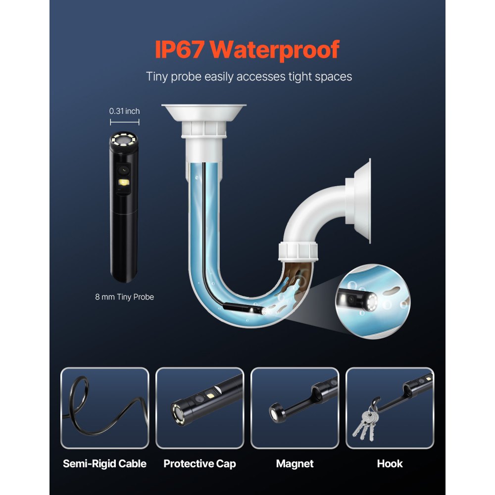 VEVOR Endoscope Camera with Light, Dual Lens Borescope for Android & IOS, 1920P HD Inspection Camera with 8 + 1 LED Lights, 2X Zoom, 10FT Snake Cable, IP67 Waterproof Snake Camera for Auto, Plumbing