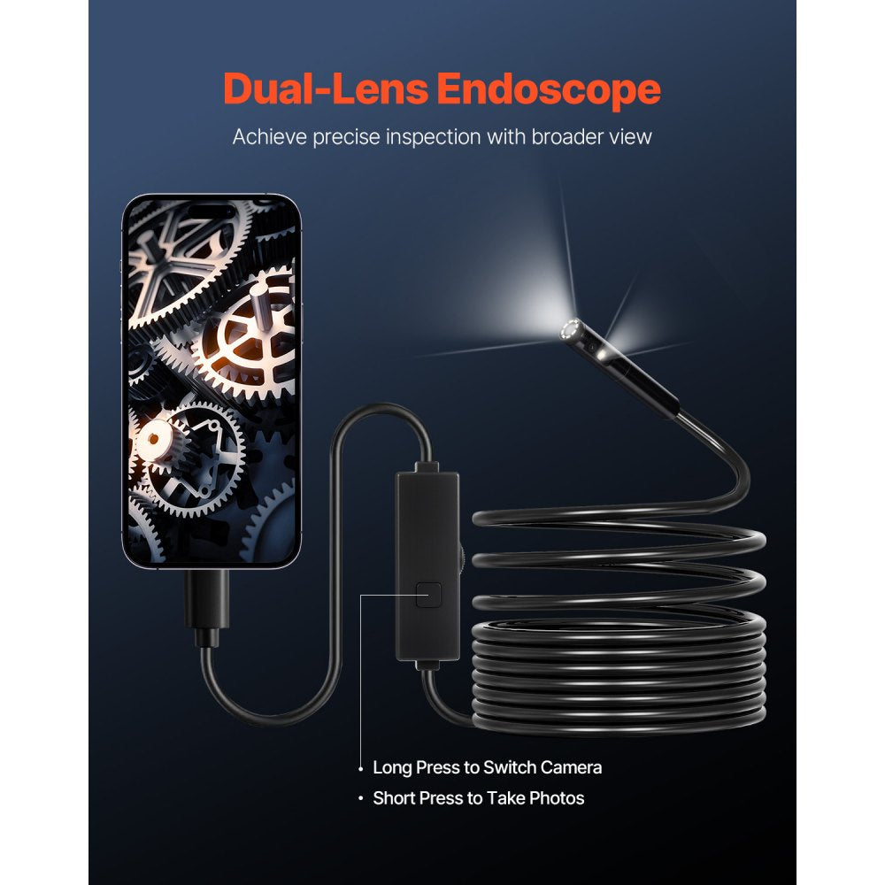 VEVOR Endoscope Camera with Light, Dual Lens Borescope for Android & IOS, 1920P HD Inspection Camera with 8 + 1 LED Light, 2X Zoom, 16.4FT Snake Cable, IP67 Waterproof Snake Camera for Auto, Plumbing