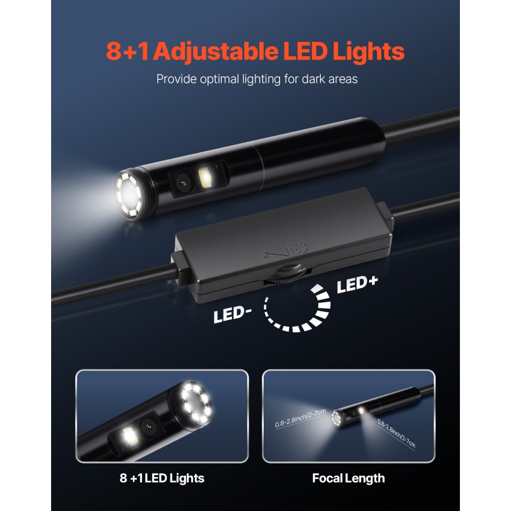 VEVOR Endoscope Camera with Light, Dual Lens Borescope for Android & IOS, 1920P HD Inspection Camera with 8 + 1 LED Light, 2X Zoom, 16.4FT Snake Cable, IP67 Waterproof Snake Camera for Auto, Plumbing