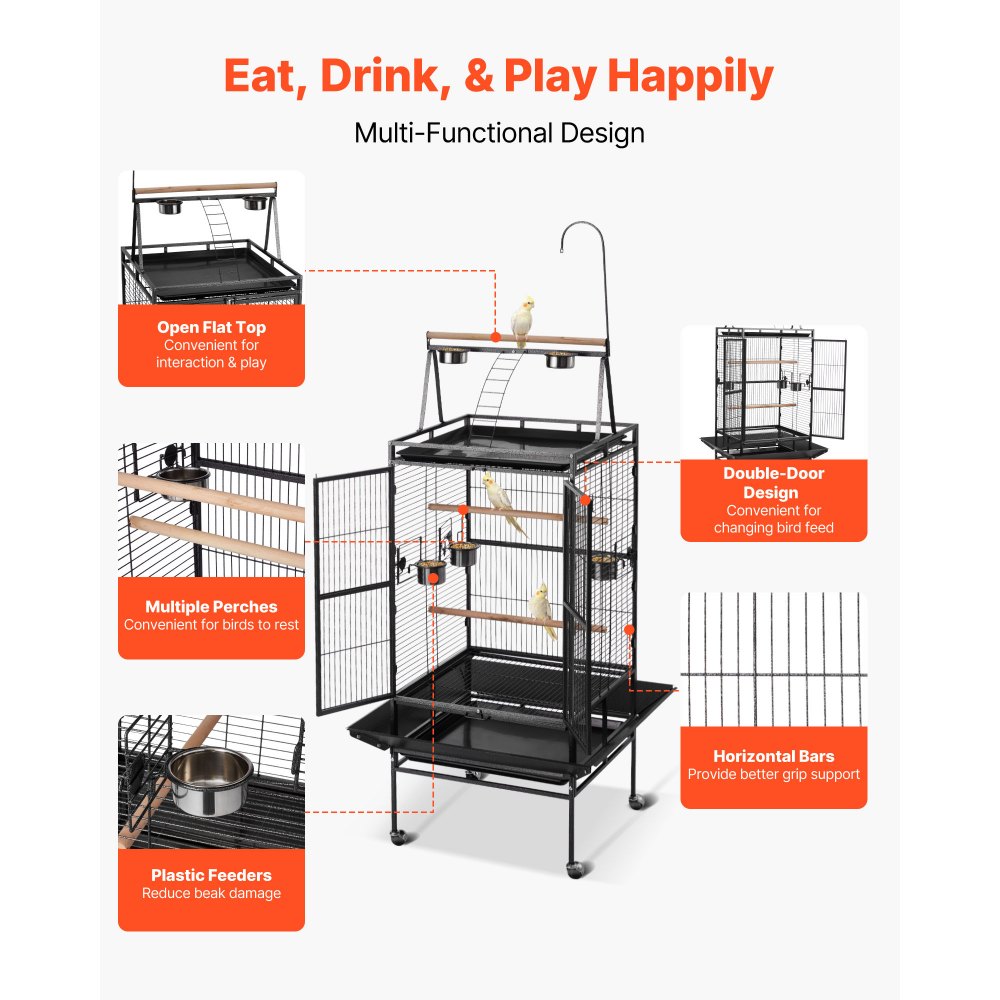 VEVOR Bird Cage, 32.7 x 31.1 x 82.7 inch, Open Flat Top, Wrought Iron Bird Flight Cage with Perches, Slide-Out Tray, Plastic Feeders, for Cockatiel, Monk Parakeet, Amazon Parrot, African Grey Parrot