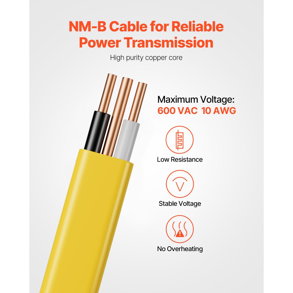 VEVOR NM-B Wire, 10AWG/2C Non-Mettalic Residential Indoor Electrical Wire with Ground, PVC Sheathed High-Purity Copper Core Cable, for Outlets, Switches, Other Loads & Lighting Wiring Projects(50 ft)