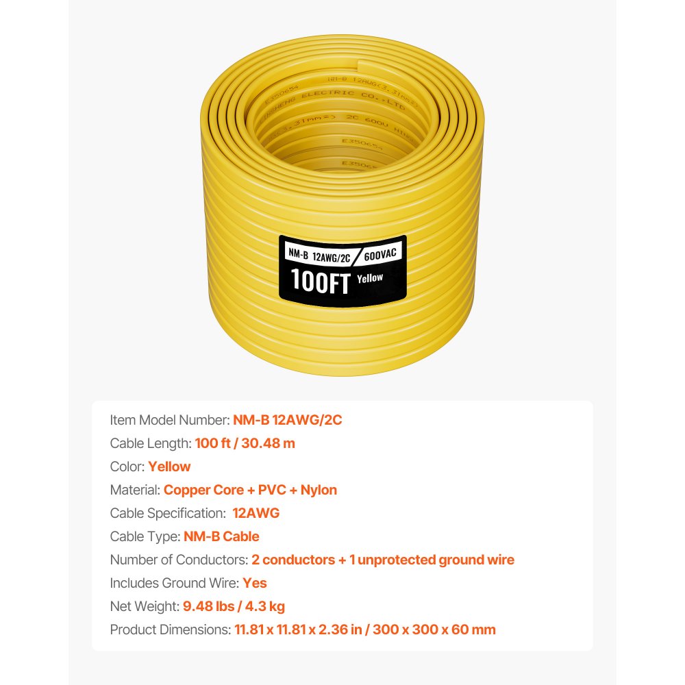 VEVOR NM-B Wire, 12AWG/2C Non-Mettalic Residential Indoor Electrical Wire with Ground, PVC Sheathed High-Purity Copper Core Cable, for Outlets, Switches, Other Loads & Lighting Wiring Project(100 ft)