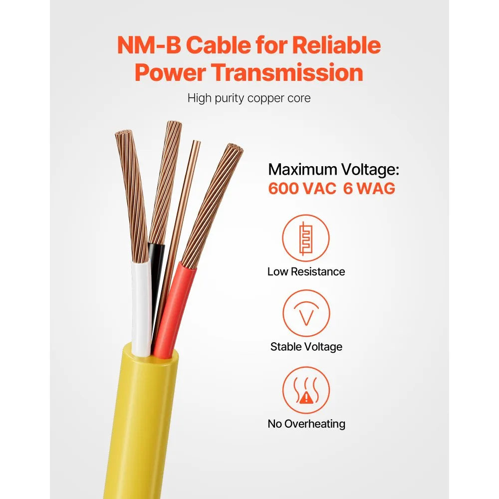 VEVOR NM-B Wire, 6AWG/3C Non-Mettalic Residential Indoor Electrical Wire with Ground, PVC Sheathed High-Purity Copper Core Cable, for Outlets, Switches, Other Loads & Lighting Wiring Projects(50 ft)