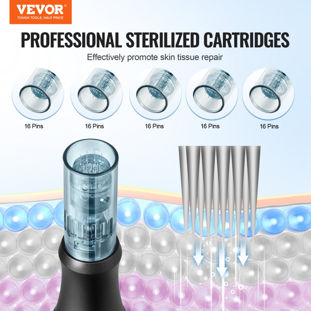 VEVOR Professional Microneedling Pen, Electric Derma Pen with 5PCS * 16Pin Disposable Cartridges, 6 Variable Speed Skin Care Beauty Device with LCD Display and 0-2.5mm Adjustable Needle Length