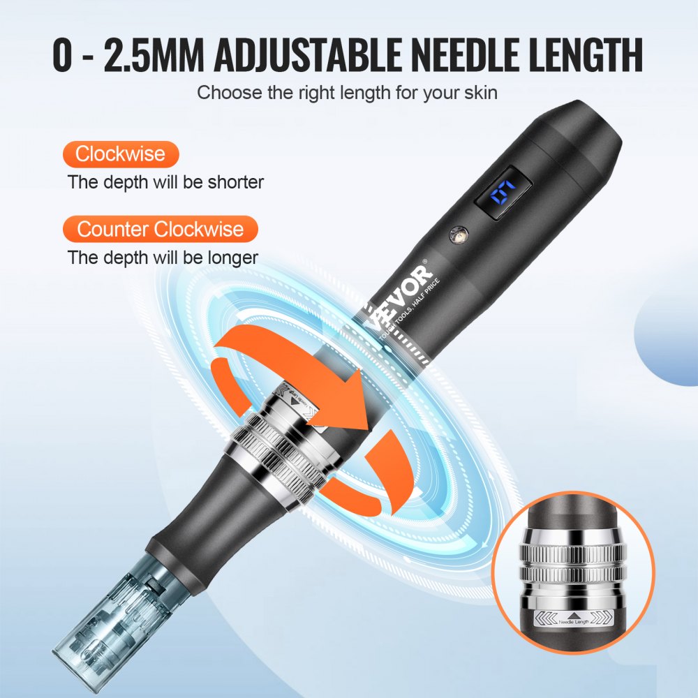 VEVOR Professional Microneedling Pen, Electric Derma Pen with 5PCS * 16Pin Disposable Cartridges, 6 Variable Speed Skin Care Beauty Device with LCD Display and 0-2.5mm Adjustable Needle Length