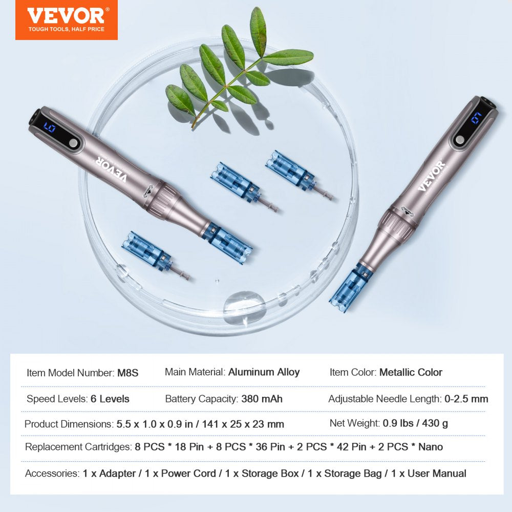 VEVOR Microneedling Pen M8S, Electric Derma Pen with 20PCS Anti-Backflow Cartridges, 6 Variable Speed Skin Care Beauty Device with LCD Display and 0-2.5mm Adjustable Needle Length