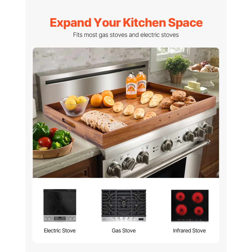 VEVOR Noodle Board Stove Cover, Stove Top Cover Board for Gas Burner & Electric Stove, Acacia Wood Cutting Board with Built-in Handles, RV Stovetop Cover/ Kitchen Sink Cover for Counter Space & Tray