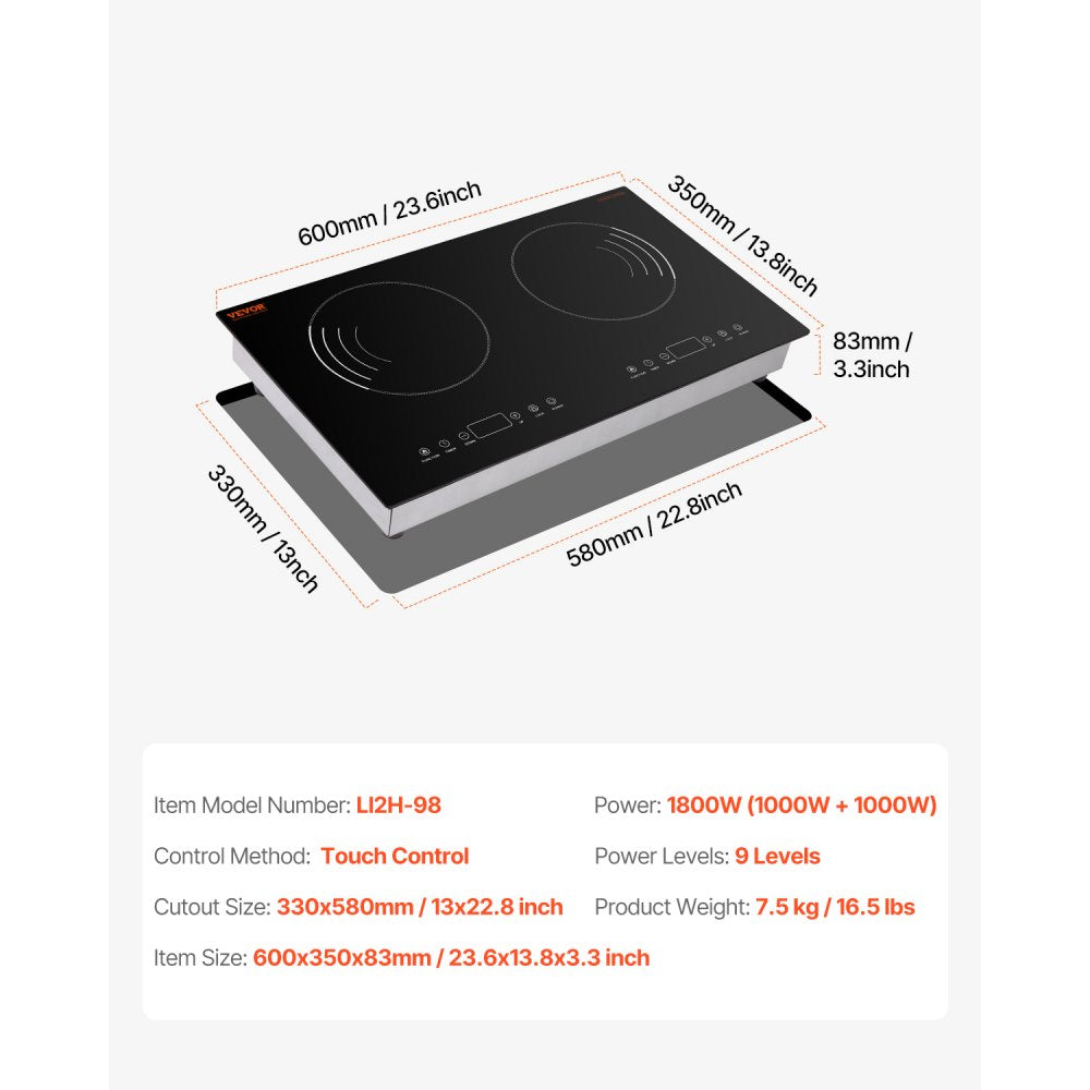 VEVOR Induction Cooktop, 1800W Electric Countertop Burner, 2 Burner Touch Control Stove, Built-in Induction Cooktop with 9 Power Settings, Child Safety Lock, Timer, Glass Surface