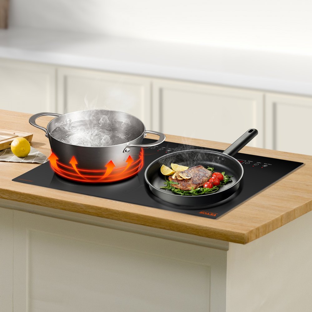 VEVOR Induction Cooktop, 1800W Electric Countertop Burner, 2 Burner Touch Control Stove, Built-in Induction Cooktop with 9 Power Settings, Child Safety Lock, Timer, Glass Surface