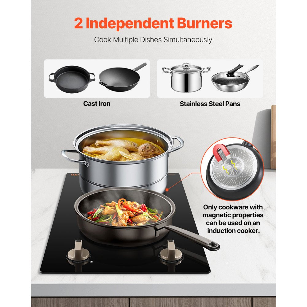 VEVOR Induction Cooktop, 1800W Electric Countertop Burner, 2 Burner Knob Control Stove, Built-in Induction Cooktop with 12 Temperature Settings, Glass Surface, Auto Shut-Off