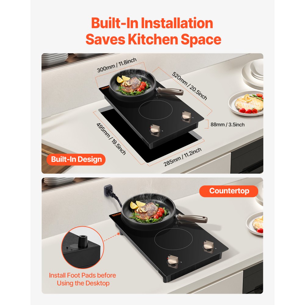 VEVOR Induction Cooktop, 1800W Electric Countertop Burner, 2 Burner Knob Control Stove, Built-in Induction Cooktop with 12 Temperature Settings, Glass Surface, Auto Shut-Off
