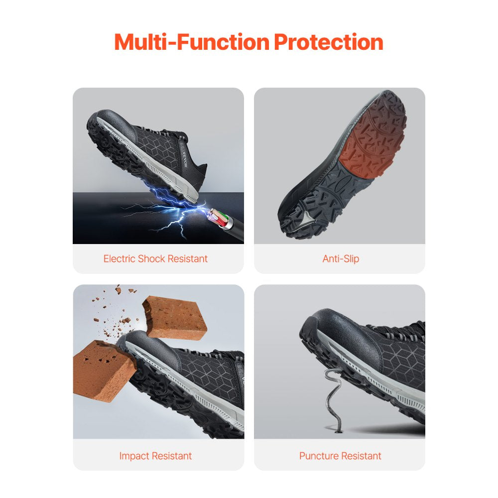 VEVOR Steel Toe Shoes for Men, US Size 9.5 Wide, Men’s Cushion Sport Safety Toe Athletic Work Shoe, Indestructible Safety Sneakers Lightweight,Breathable Industry Construction Work Shoes, Black