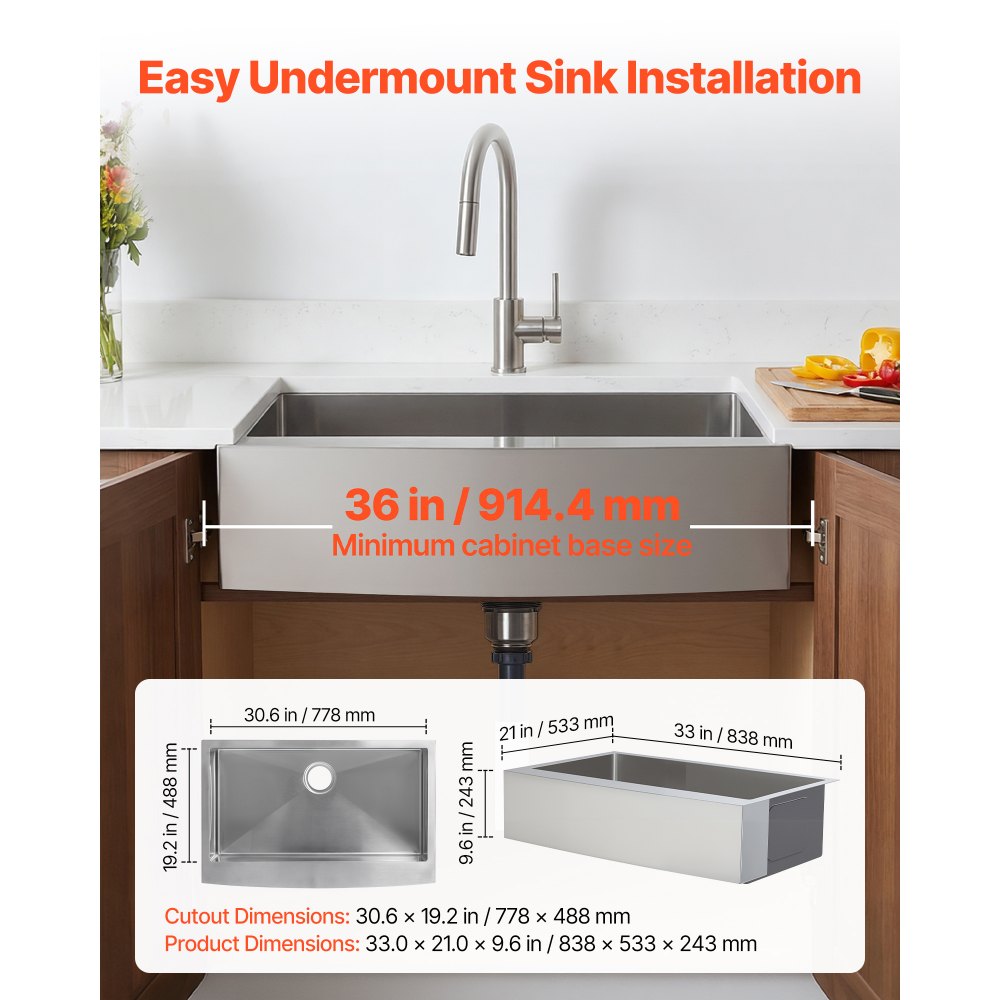 VEVOR 33-inch Kitchen Undermount Single Bowl Sinks, Stainless Steel Drop-In Farmhouse Basin with Accessories, Household Dishwasher Sinks for RV, Prep Kitchen, Laundry Room, Bar