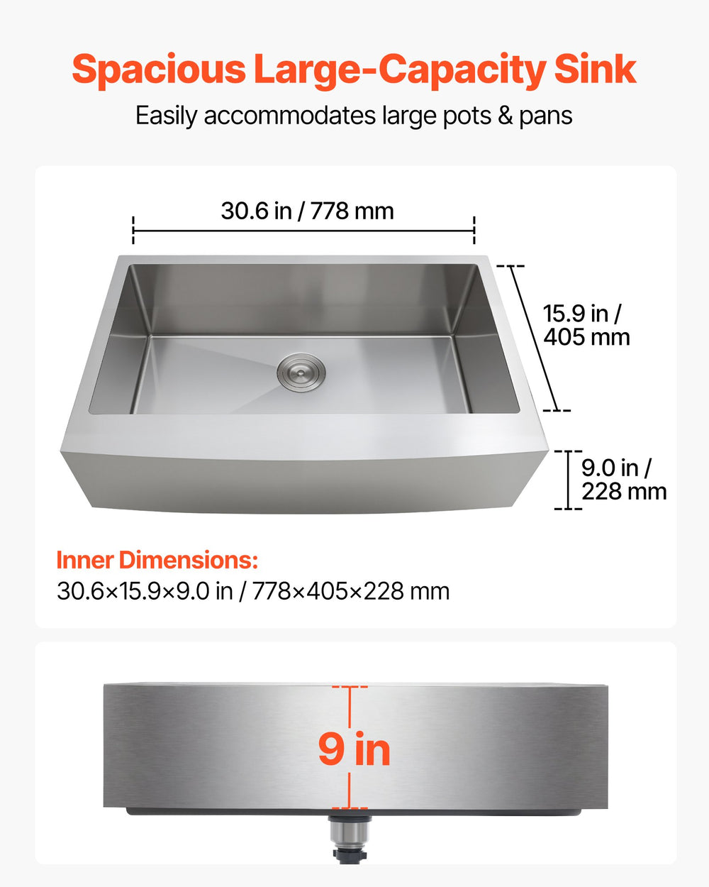 VEVOR 33-inch Kitchen Undermount Single Bowl Sinks, Stainless Steel Drop-In Farmhouse Basin with Accessories, Household Dishwasher Sinks for RV, Prep Kitchen, Laundry Room, Bar