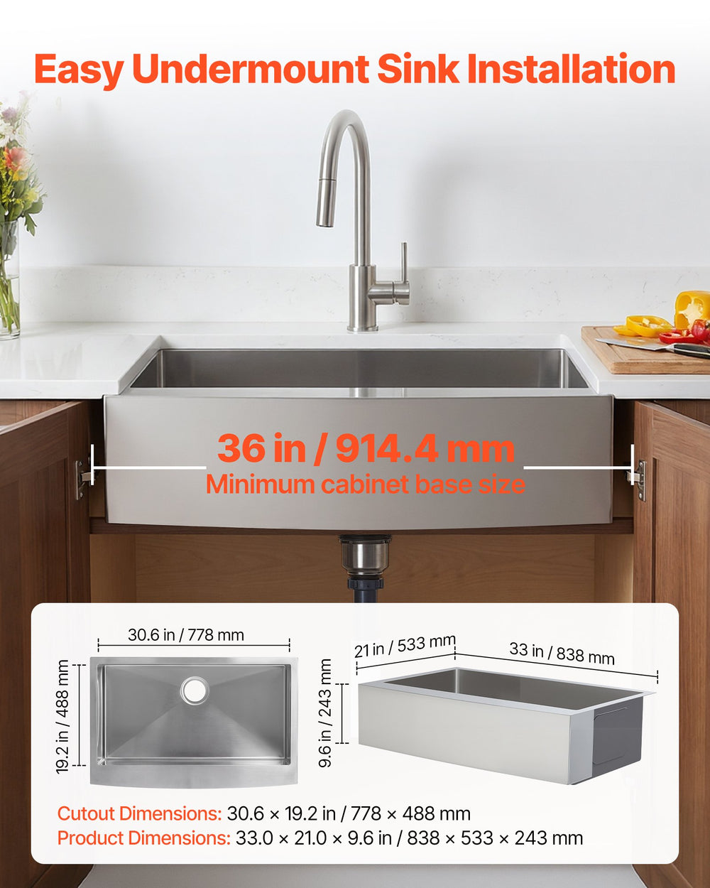 VEVOR 33-inch Kitchen Undermount Single Bowl Sinks, Stainless Steel Drop-In Farmhouse Basin with Accessories, Household Dishwasher Sinks for RV, Prep Kitchen, Laundry Room, Bar