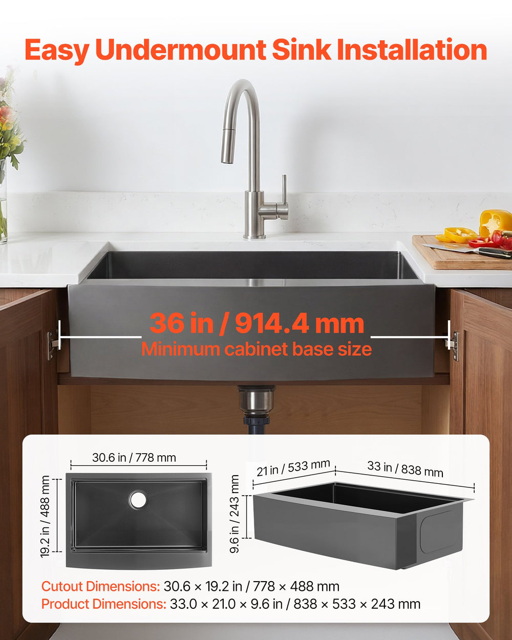 VEVOR 33-inch Kitchen Undermount Single Bowl Sinks, Stainless Steel Drop-In Farmhouse Basin with Ledge & Accessories, Household Dishwasher Sinks for RV, Prep Kitchen, Laundry Room, Bar
