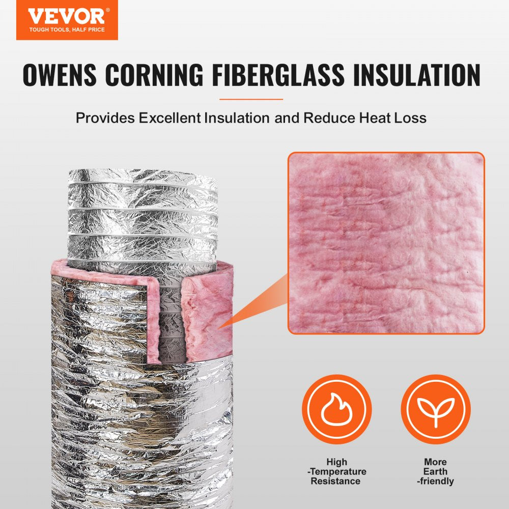 VEVOR Dryer Vent Hose, 10'' Insulated Flexible Duct 25FT Long with 2 Duct Clamps, Heavy-Duty Three Layer Protection for HVAC Heating Cooling Ventilation and Exhaust, R-6.0 Flame Resistance Value