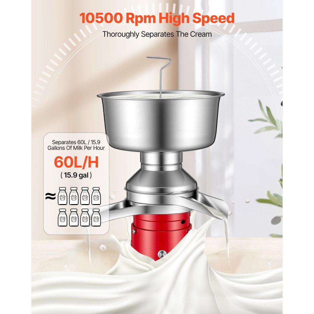 VEVOR Electric Milk Cream Separator, 60L/H Output 10500RPM Milk Cream Centrifugal Separator, 304 Stainless Steel Goat Cow Milk Skimmer Separating Machine with 4.5L Bowl Capacity (40W, 100-240V)