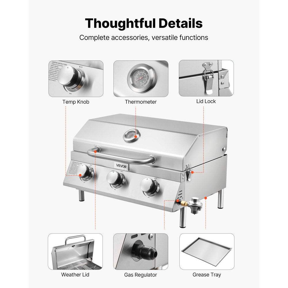 VEVOR Tabletop Gas Grill, 3-Burner Stainless Steel Portable Propane Grill, with Built-in Thermometer, Travel Locks, Weatherproof Lid, 22,500 BTU Total, for Outdoor Cooking, Patio, Party, Camping, RV