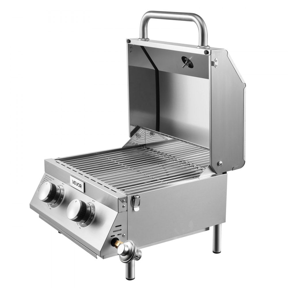 VEVOR Tabletop Gas Grill, 2-Burner Stainless Steel Portable Propane Grill, with Built-in Thermometer, Travel Locks, Weatherproof Lid, 15,000 BTU Total, for Outdoor Cooking, Patio, Party, Camping, RV