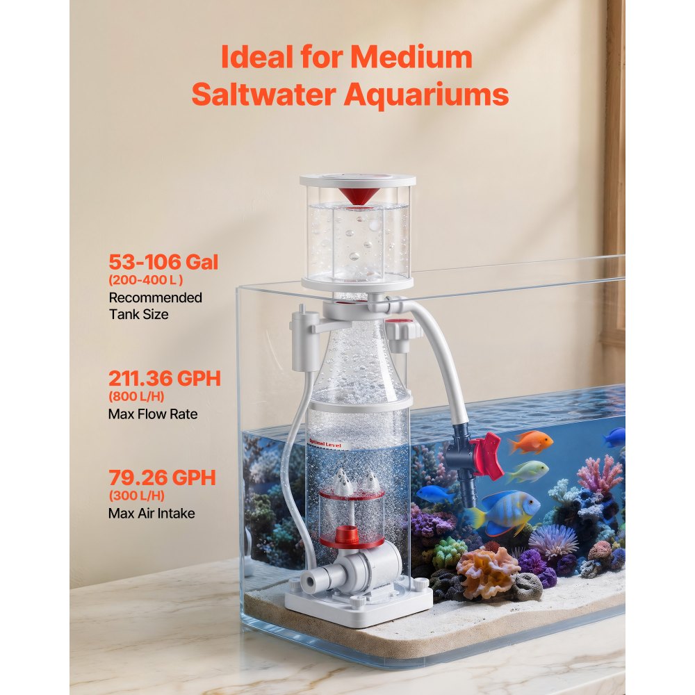 VEVOR Protein Skimmer for 53-106 Gal Saltwater Aquariums Internal with Pump, Protein Skimmer with DC Pinwheel Pump, Adjustable Control, Air Silencer, for 53-106 Gallon Saltwater Aquariums & Reef Tank