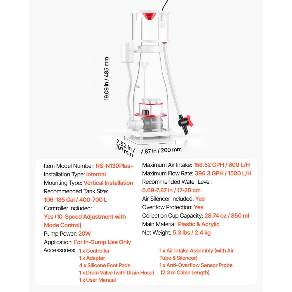 VEVOR Protein Skimmer for 106-185 Gal Saltwater Aquariums In Sump with Pump, Protein Skimmer with DC Pinwheel Pump, Adjustable Control, for 106-185 Gal Saltwater Aquarium & Reef Tank, In Sump Use Only