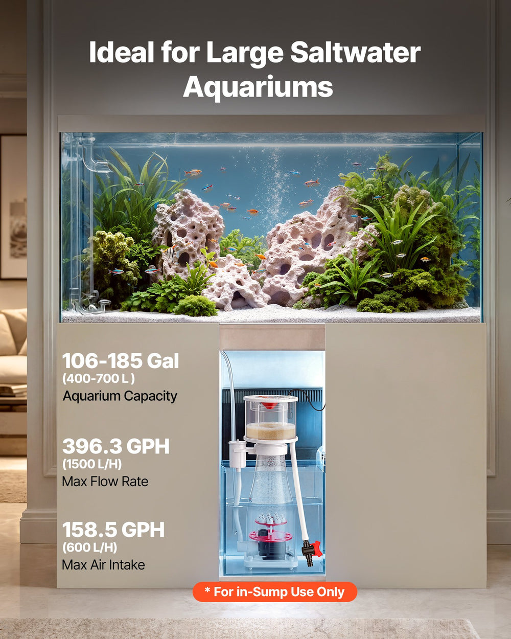 VEVOR Protein Skimmer for 106-185 Gal Saltwater Aquariums In Sump with Pump, Protein Skimmer with DC Pinwheel Pump, Adjustable Control, for 106-185 Gal Saltwater Aquarium & Reef Tank, In Sump Use Only