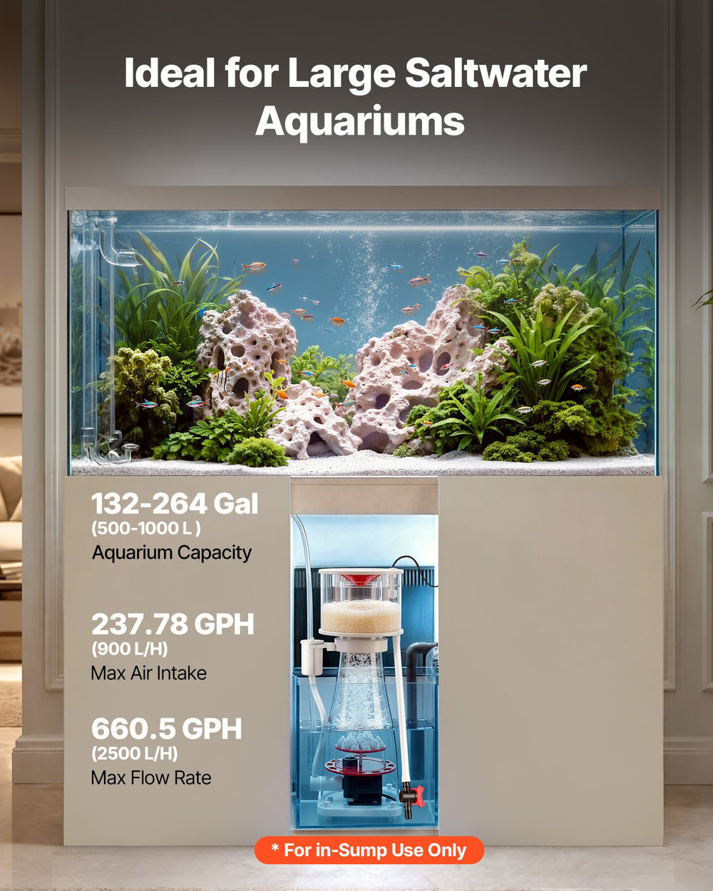 VEVOR Protein Skimmer for 132-264 Gal Saltwater Aquariums In Sump with Pump, Protein Skimmer with DC Pinwheel Pump, Adjustable Control, for 132-264 Gal Saltwater Aquarium & Reef Tank, In Sump Use Only