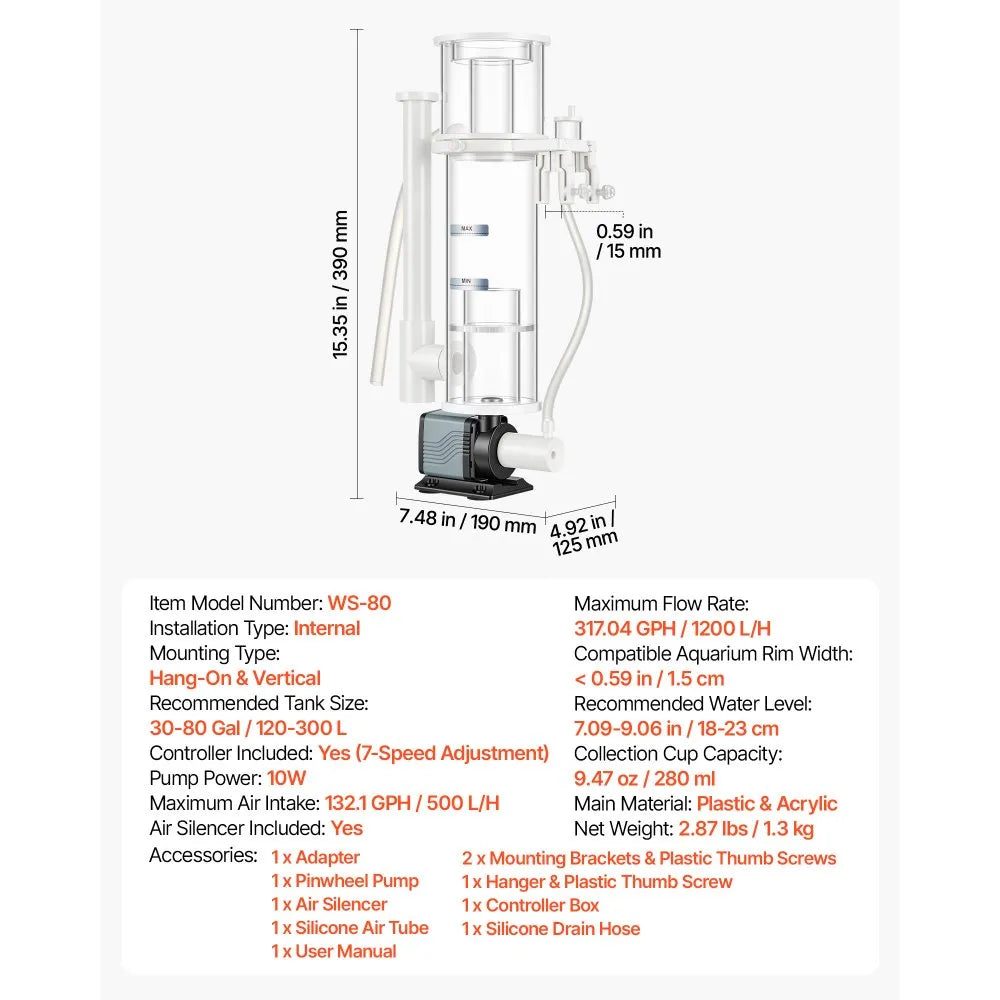 VEVOR Protein Skimmer for 30-80 Gal Saltwater Aquarium Hang On with DC Pump, Protein Skimmer with DC Pinwheel Pump, Adjustable Control, for 30-80 Gal Medium Saltwater Aquariums & Reef Tank Fish Tank