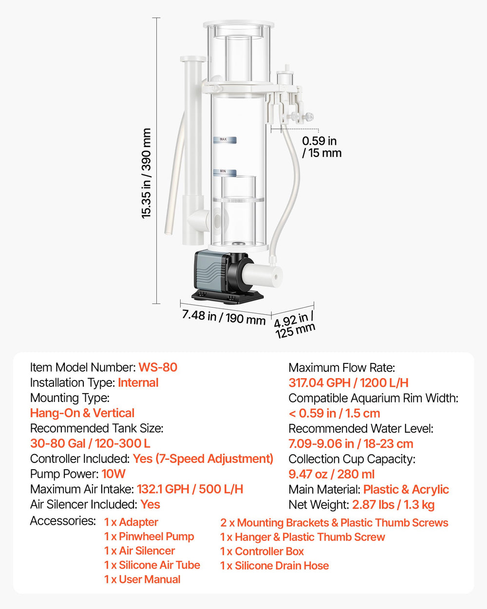 VEVOR Protein Skimmer for 30-80 Gal Saltwater Aquarium Hang On with DC Pump, Protein Skimmer with DC Pinwheel Pump, Adjustable Control, for 30-80 Gal Medium Saltwater Aquariums & Reef Tank Fish Tank