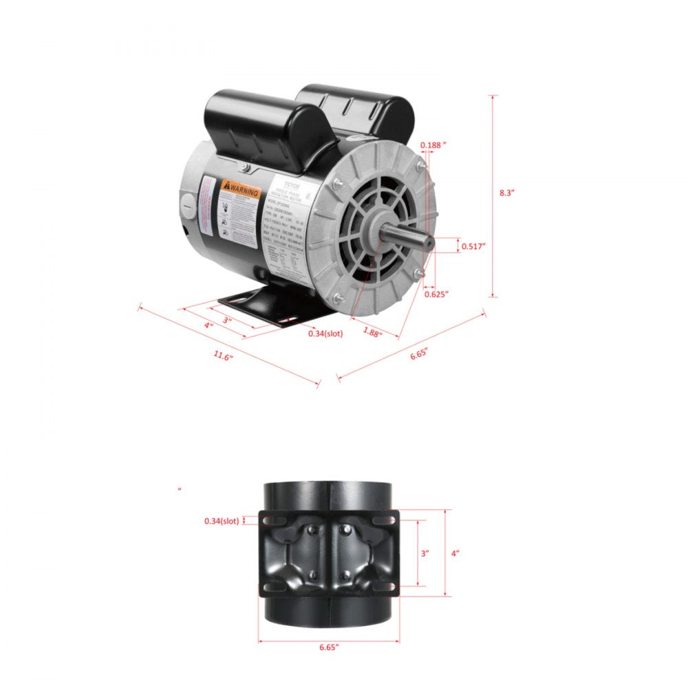 VEVOR 5HP SPL Air Compressor Electric Motor, 230V 17.6Amps, 56 Frame 3450RPM, 5/8" Keyed Shaft, 1.88" Shaft Length, CW/CCW Rotation (Factory Setting is CCW), Single Phase