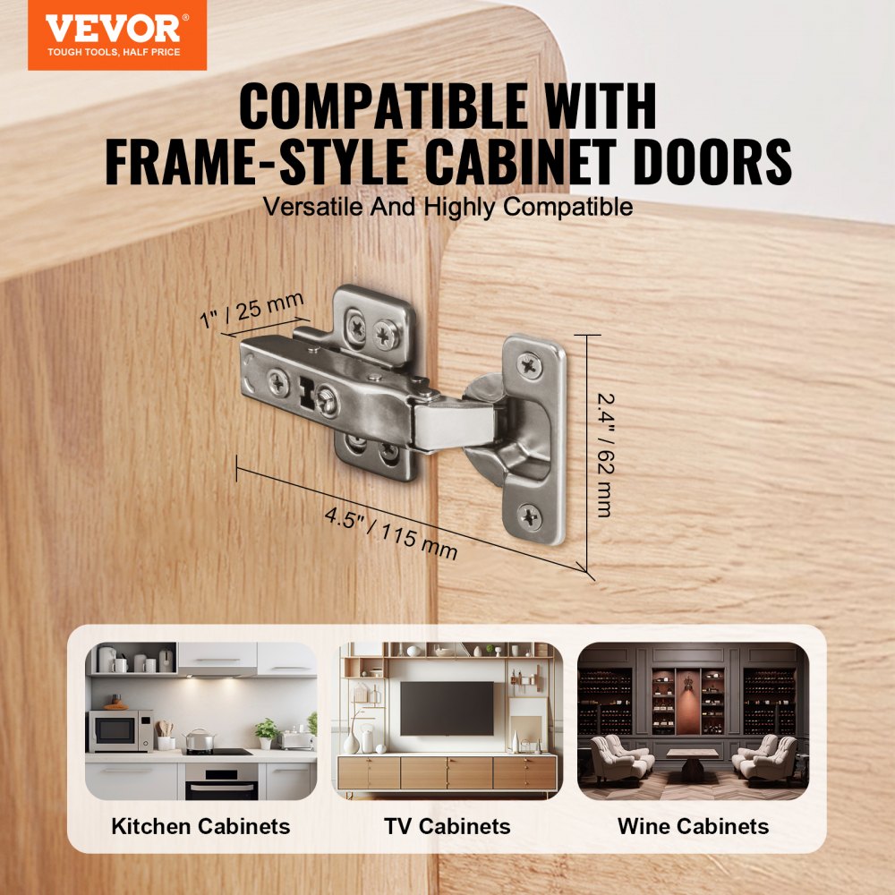 VEVOR Cabinet Hinges, 40 Packs Full Overlay Kitchen Cabinet Door Hinges, 100 Degree Opening Angel Soft Close Concealed Cupboard Hinges for Frameless Cabinet Type, with Mounting Screws