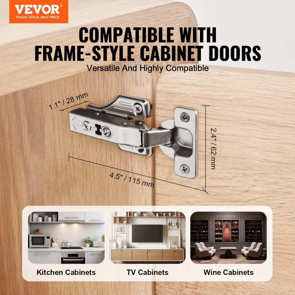 VEVOR Cabinet Hinges, 50 Packs Full Overlay Kitchen Cabinet Door Hinges, 100 Degree Opening Angel Soft Close Concealed Cupboard Hinges for Framed + Frameless Cabinet Type, with Mounting Screws