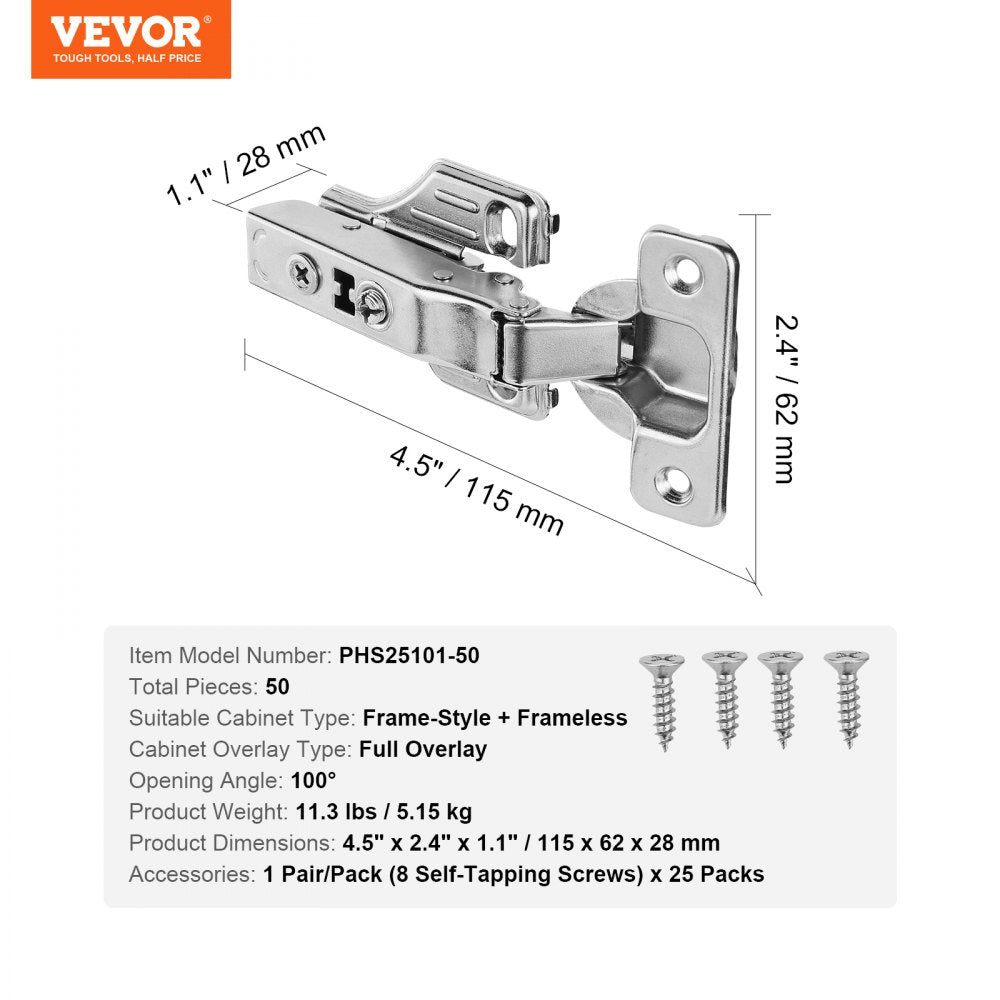 VEVOR Cabinet Hinges, 50 Packs Full Overlay Kitchen Cabinet Door Hinges, 100 Degree Opening Angel Soft Close Concealed Cupboard Hinges for Framed + Frameless Cabinet Type, with Mounting Screws