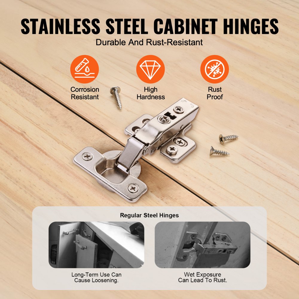 VEVOR Cabinet Hinges, 50 Packs Full Overlay Kitchen Cabinet Door Hinges, 100 Degree Opening Angel Soft Close Concealed Cupboard Hinges for Frameless Cabinet Type, with Mounting Screws