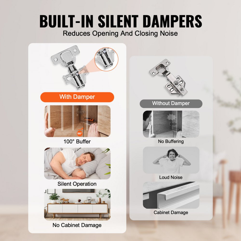 VEVOR Cabinet Hinges, 60 Packs Partial Overlay Kitchen Cabinet Door Hinges, 100 Degree Opening Angel Soft Close Concealed Cupboard Hinges for Framed + Frameless Cabinet Type, with Mounting Screws