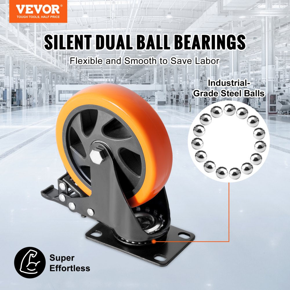 VEVOR Caster Wheels, 5-inch Swivel Plate Casters, Set of 4, with Security A/B Locking No Noise PVC Wheels, Heavy Duty 450 lbs Load Capacity Per Caster, Non-Marking Wheels for Cart Furniture Workbench