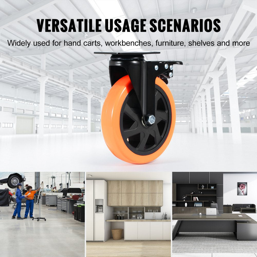 VEVOR Caster Wheels, 6-inch Swivel Plate Casters, Set of 4, with Security A/B Locking No Noise PVC Wheels, Heavy Duty 700 lbs Load Capacity Per Caster, Non-Marking Wheels for Cart Furniture Workbench