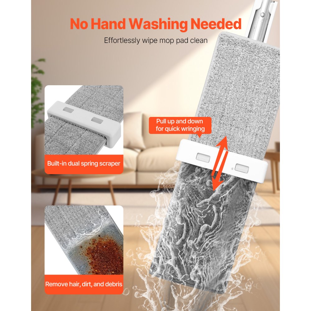 VEVOR Flat Mop, Self Wringing, Microfiber Floor Mop with 4 Reusable & Washable Mop Pads for Dry & Wet Floor Cleaning, Microfiber Flat Mop with Stainless Steel Handle for Hardwood Laminate Tile Vinyl