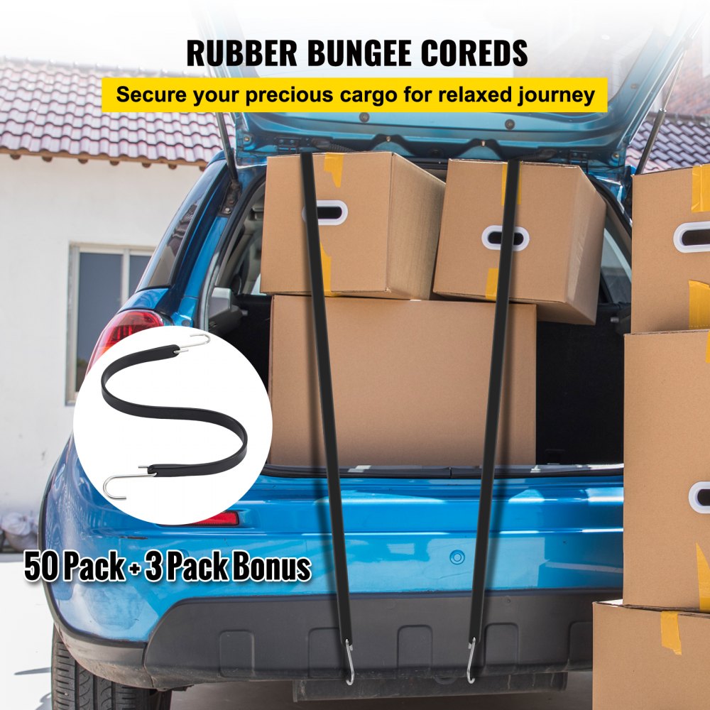 VEVOR Rubber Bungee Cords, 53 Pack 21\" Long, Weatherproof Natural Rubber Tie Down Straps with Crimped S Hooks, Heavy Duty Outdoor Tarp Straps for Securing Flatbed Trailers, Canvases, Cargo, and More