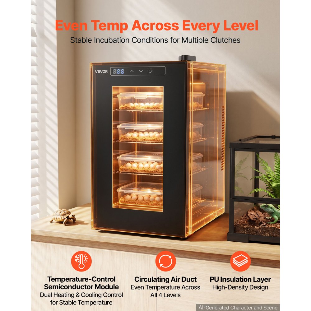 VEVOR Reptile Incubator 23L Digital Egg Incubator with Cooling & Heating, for Small Reptiles Hatching Lizard Snake Turtle Eggs, 50-104°F Temperature Control, LED Display & 3 Detachable Shelves, Black