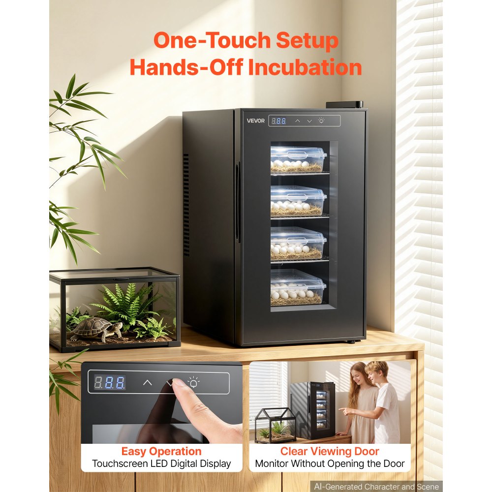 VEVOR Reptile Incubator 23L Digital Egg Incubator with Cooling & Heating, for Small Reptiles Hatching Lizard Snake Turtle Eggs, 50-104°F Temperature Control, LED Display & 3 Detachable Shelves, Black