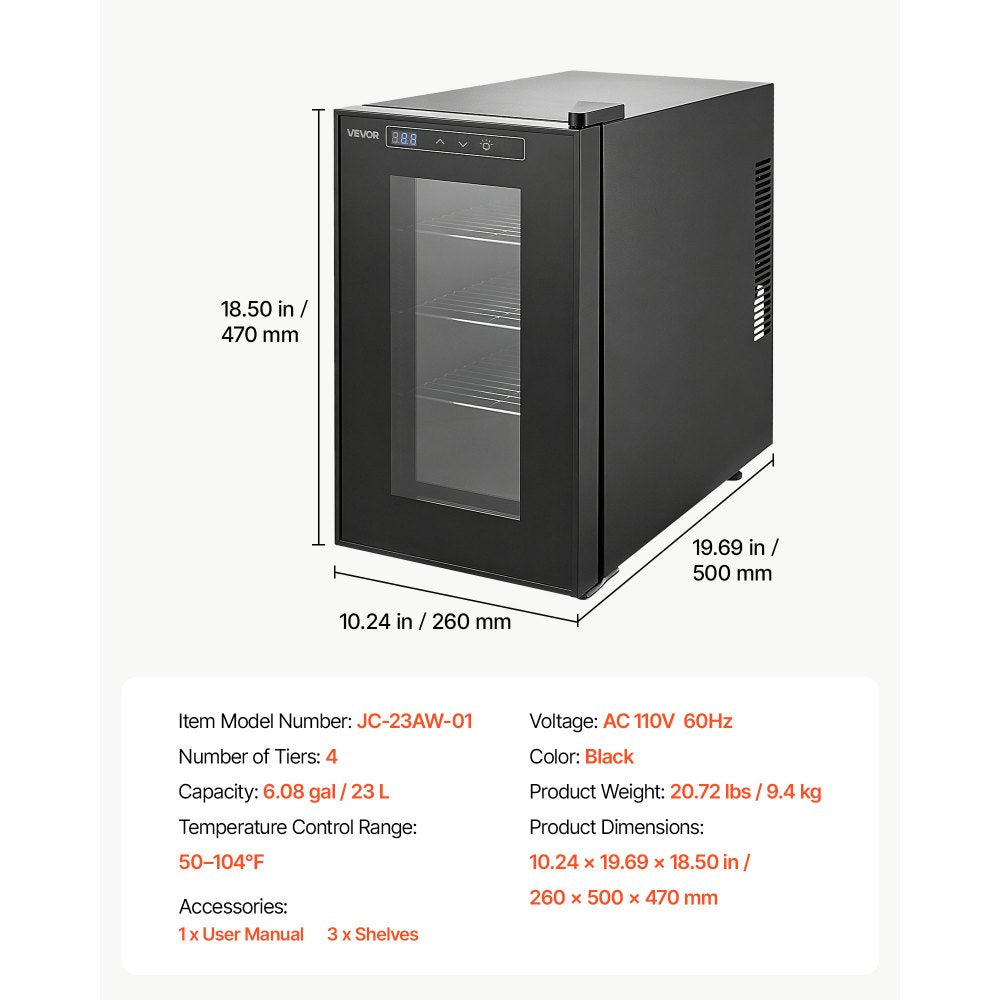 VEVOR Reptile Incubator 23L Digital Egg Incubator with Cooling & Heating, for Small Reptiles Hatching Lizard Snake Turtle Eggs, 50-104°F Temperature Control, LED Display & 3 Detachable Shelves, Black