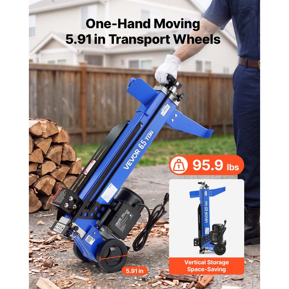 VEVOR Electric Log Splitter 6.5 Ton 15 Amp 1.98 HP Motor Wood Splitter, for Home Yard Forestry Harvesting, Kindling Cutting, 3400 RPM Portable Firewood Splitting Machine with Hydraulic Ram & Wheels
