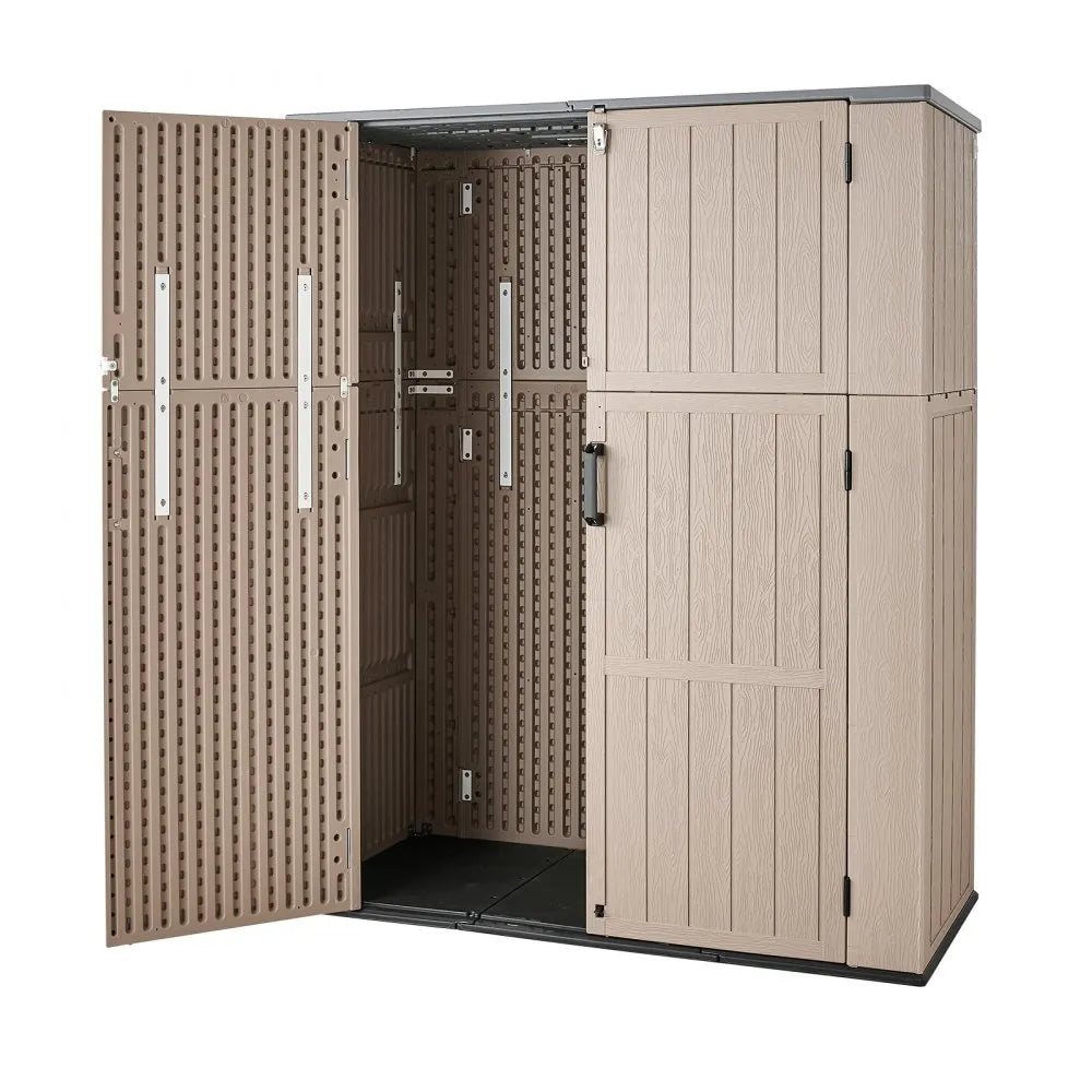 VEVOR Outdoor Storage Shed 59 Cu Ft Vertical Resin Storage Cabinet Brown, for Garage, Backyard Patio Accessories and Garden Tools, Waterproof Outside Lawn Mower Shed with Lockable Doors and Floor