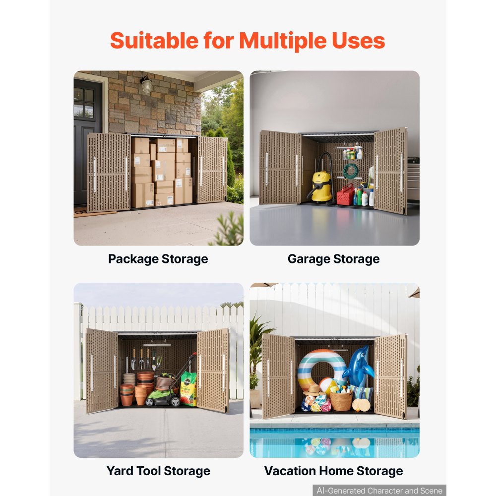 VEVOR Outdoor Storage Shed 48 Cu Ft Horizontal Resin Storage Cabinet Brown, for Garage, Backyard Patio Accessories and Garden Tools, Waterproof Outside Lawn Mower Shed with Lockable Doors and Floor